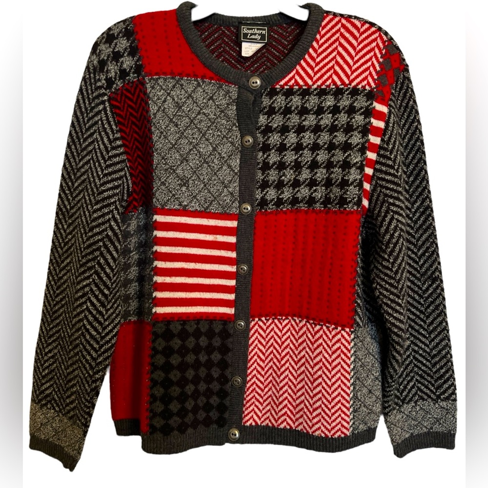 Vintage Southern Lady Cardigan Womens Large Acrylic Red Black Mixed Pattern USA